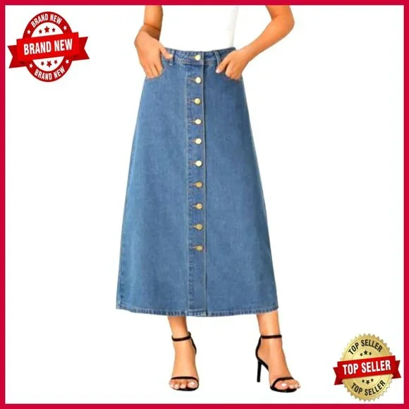 A Line Denim Midi Skirt High Waist Button Down Casual Elegant Y2K Retro - Picture 2 of 7